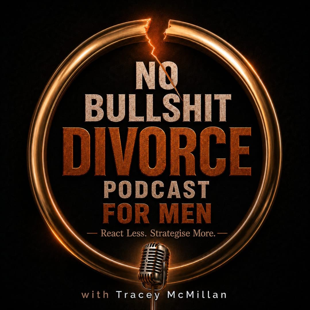 No Bullshit Divorce Podcast for Men cover art: a broken gold ring above a microphone, with the tagline React Less, Strategise More