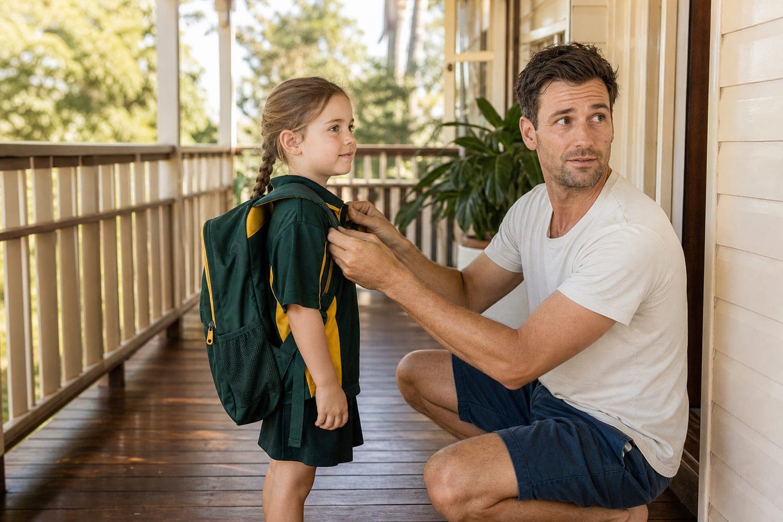 A man crouching on a timber verandah adjusting his daughter's backpack in morning light.