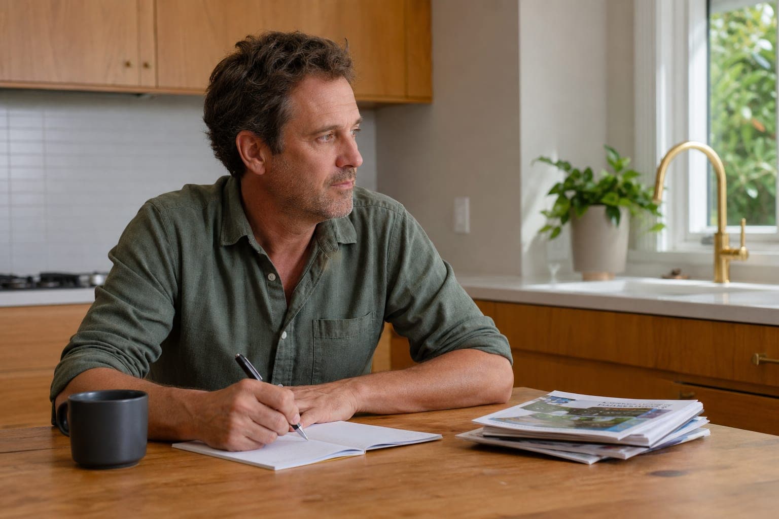 A man writing notes in an exercise book at a sunlit kitchen table, looking to his right.