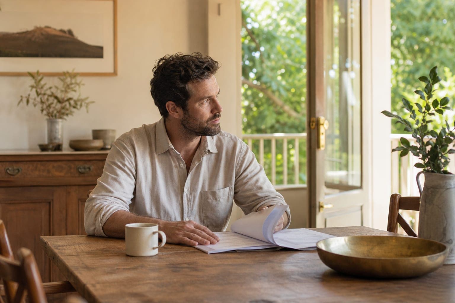 A man at a sunlit timber table with a mug and papers, looking calmly to the right.
