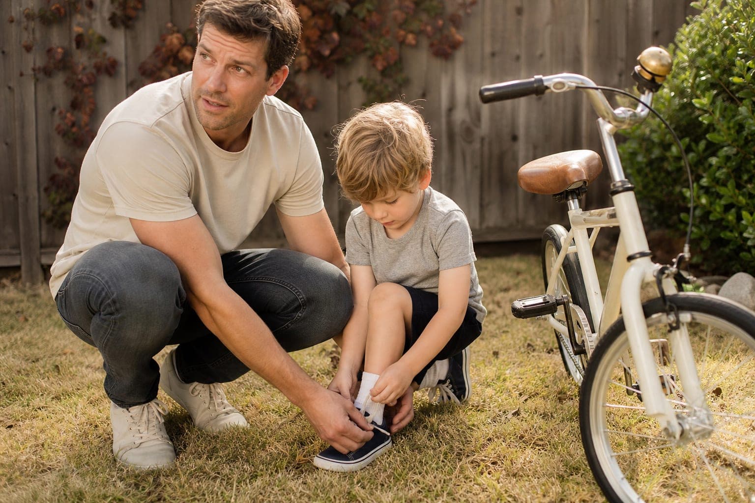 A man crouches in a sunny backyard tying his child's shoelace, looking to the right.