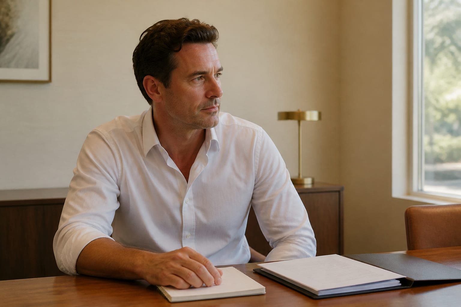 A man at a meeting table with a notepad, listening and looking to the right in daylight.