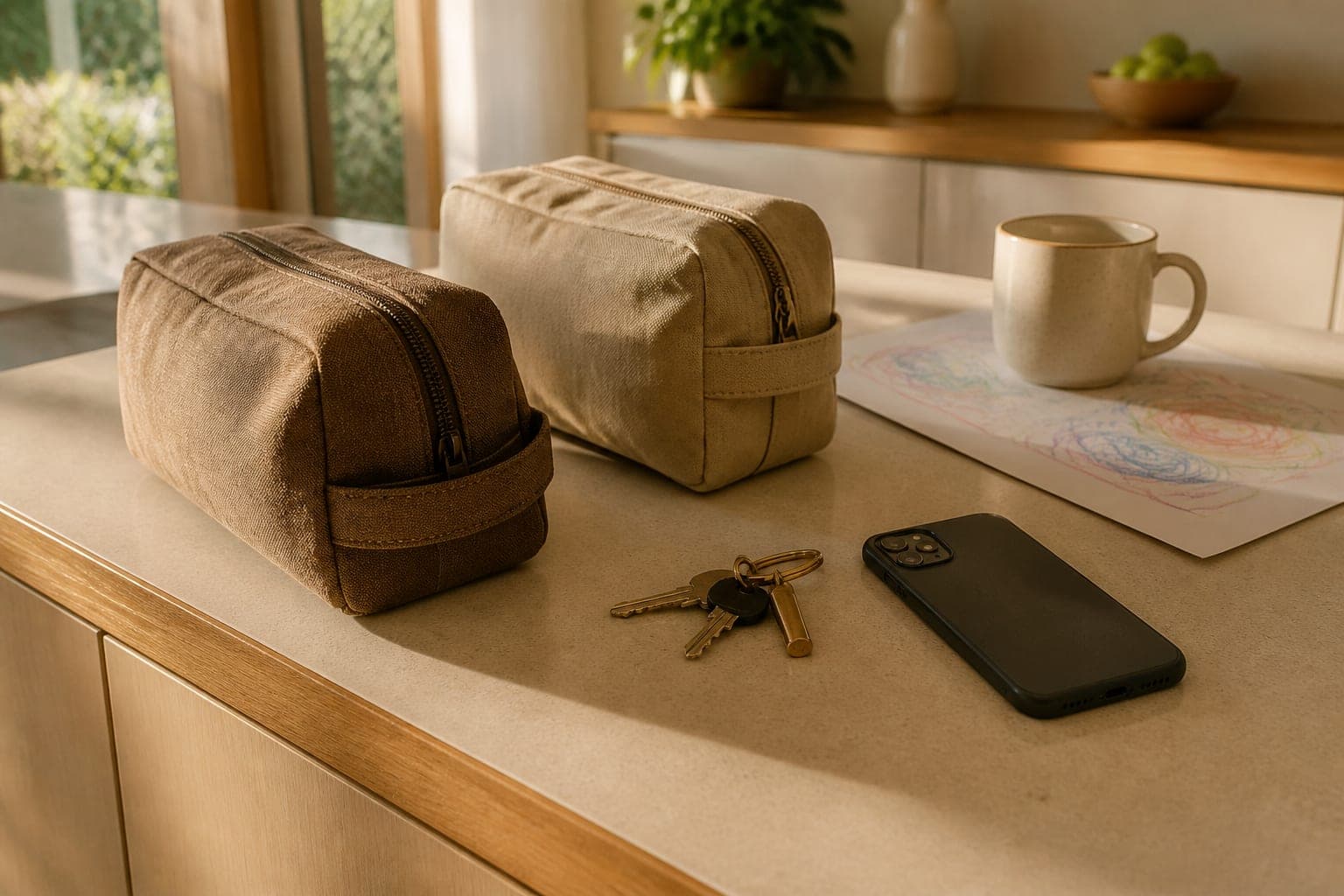 Two packed children's overnight bags, keys, a face-down phone and a crayon drawing on a sunlit kitchen bench.