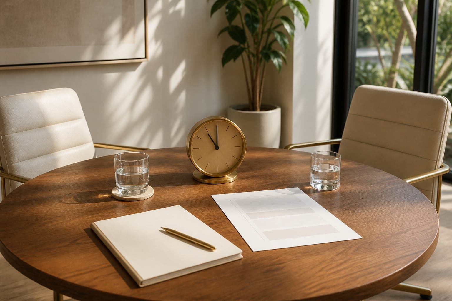 Two chairs at a timber meeting table with notepad, pen, clock and water glasses in morning light.
