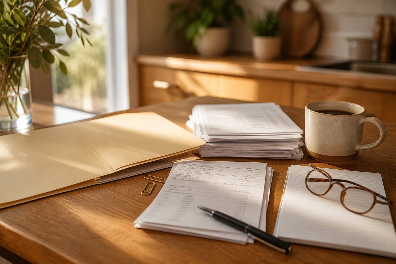 Folder of bank statements, pen and coffee mug on a sunlit timber kitchen bench.