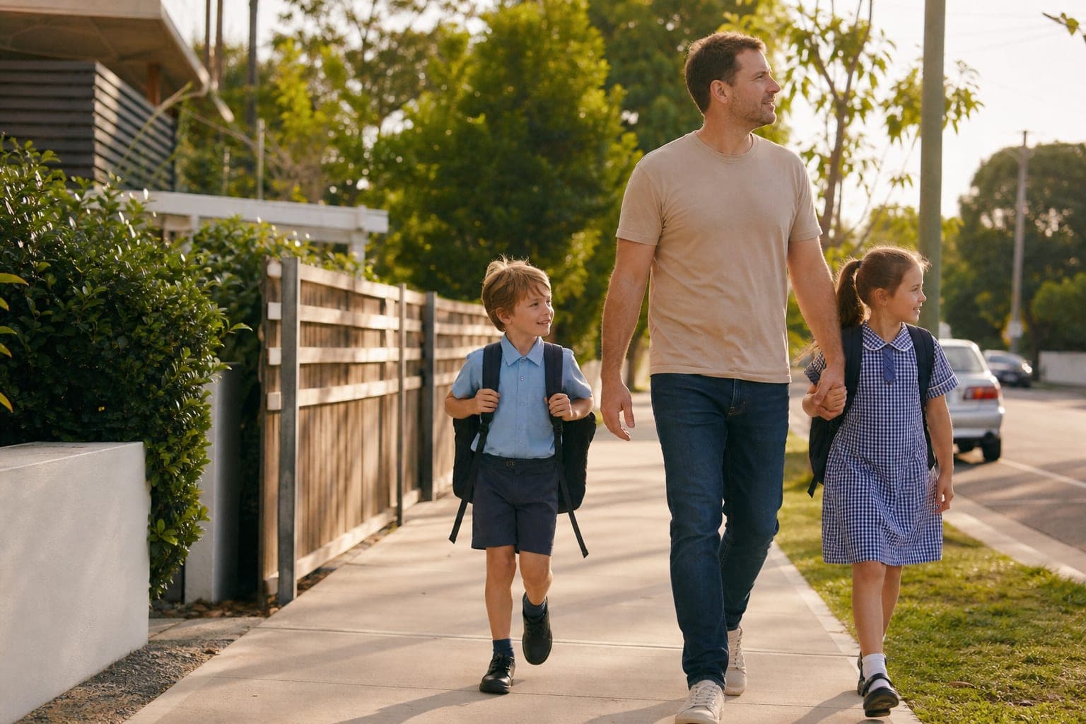 A man walks his two children along a sunlit suburban footpath, all looking to the right.
