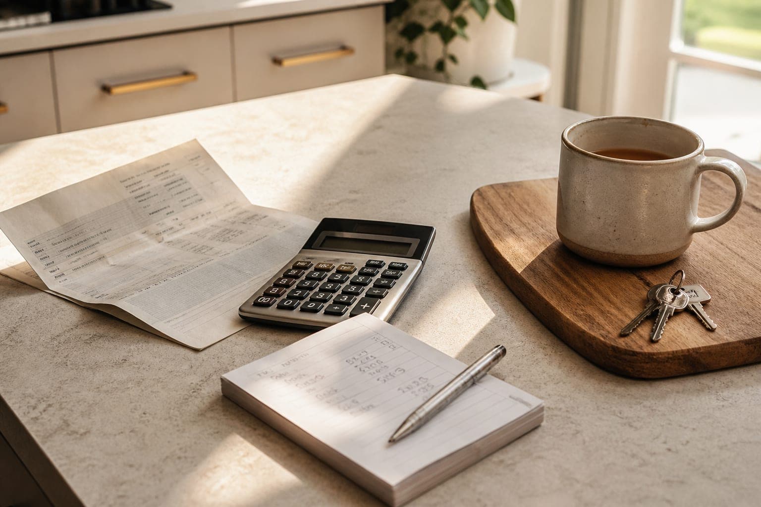 Folded bank statement, calculator, pen and keys on a sunlit kitchen bench beside a mug of tea.