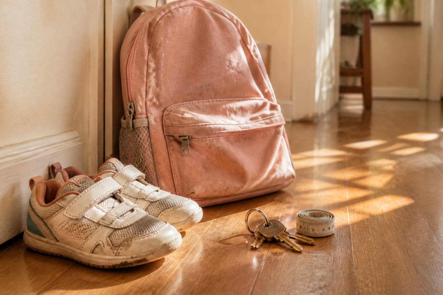 A child's sneakers and school bag beside house keys on a sunlit timber hallway floor.